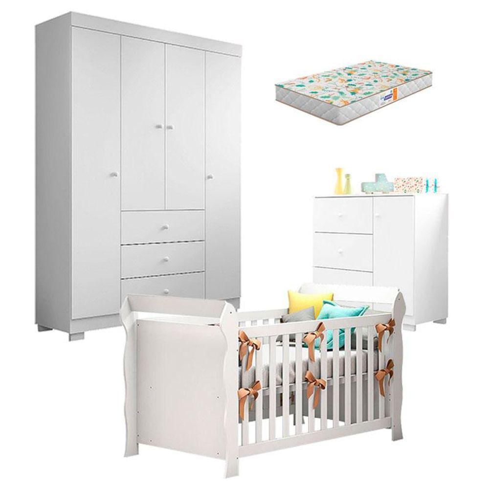 Quarto De Bebê Duda 4 Portas E Berço Americano Lara Branco Brilho Com Colchão Gazin - Phoenix Baby