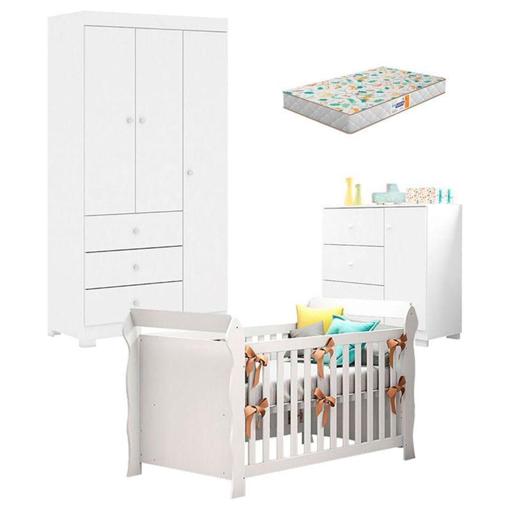 Quarto De Bebê Duda 3 Portas E Berço Americano Lara Branco Brilho Com Colchão Gazin - Phoenix Baby
