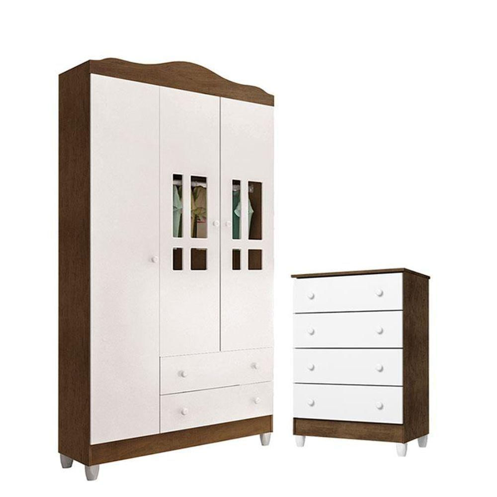 Cômoda Gaveteiro E Guarda Roupa Ariel Branco Acetinado Amadeirado - Carolina