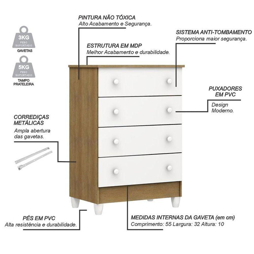 Berço Americano Lara E Cômoda Gaveteiro Mel Flat Branco Acetinado Amadeirado Com Colchão Gazin