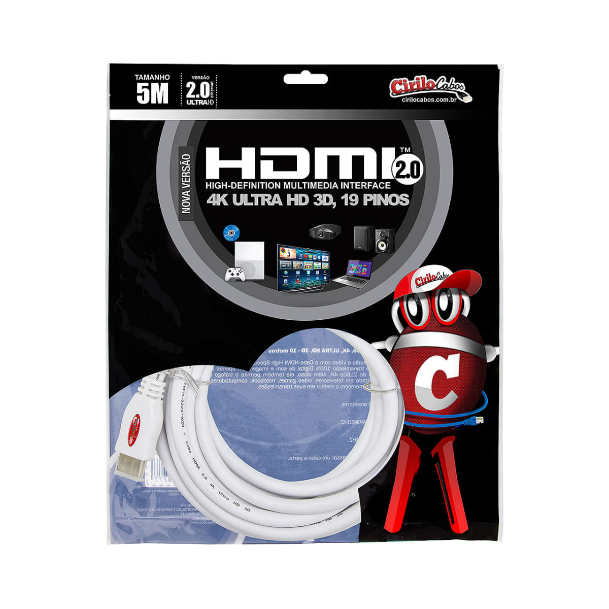 Cabo HDMI 2.0 4K Ultra HD 3D, Branco - 5 Metros