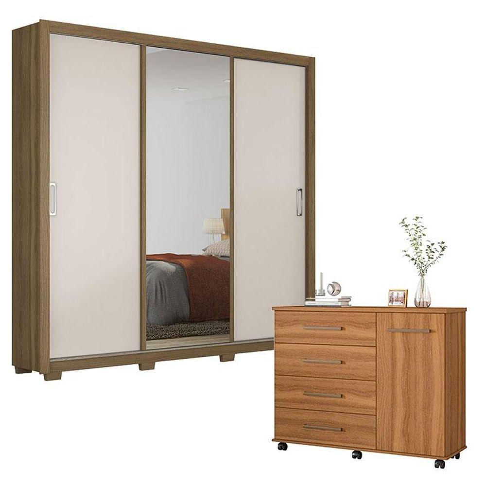 Cômoda Flora E Guarda Roupa Casal Residence Amêndola Off White Com Pés - Demóbile