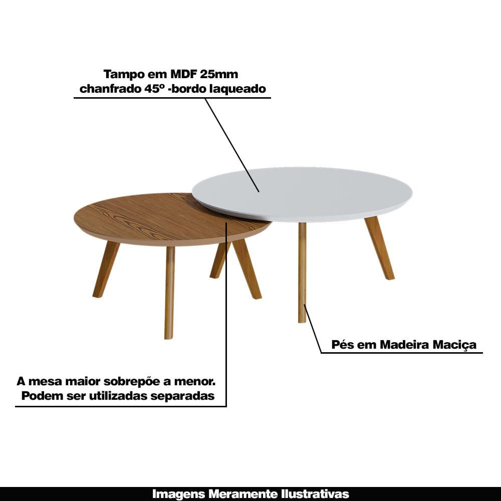 Conjunto Mesa de Centro Redonda Polly Off White/Freijó - Gran Belo