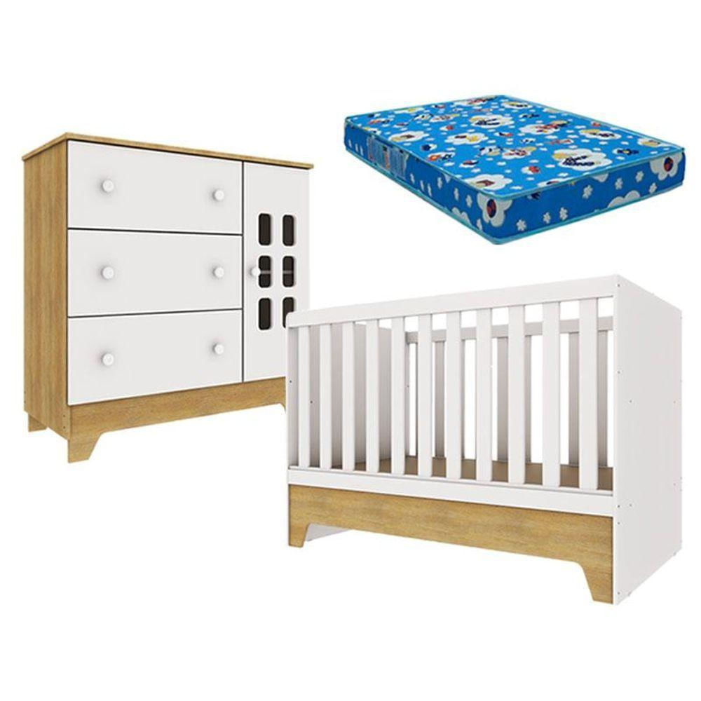 Berço Americano Mini Cama E Cômoda Infantil Malu Branco Acetinado Bétula Com Colchão Ortobom