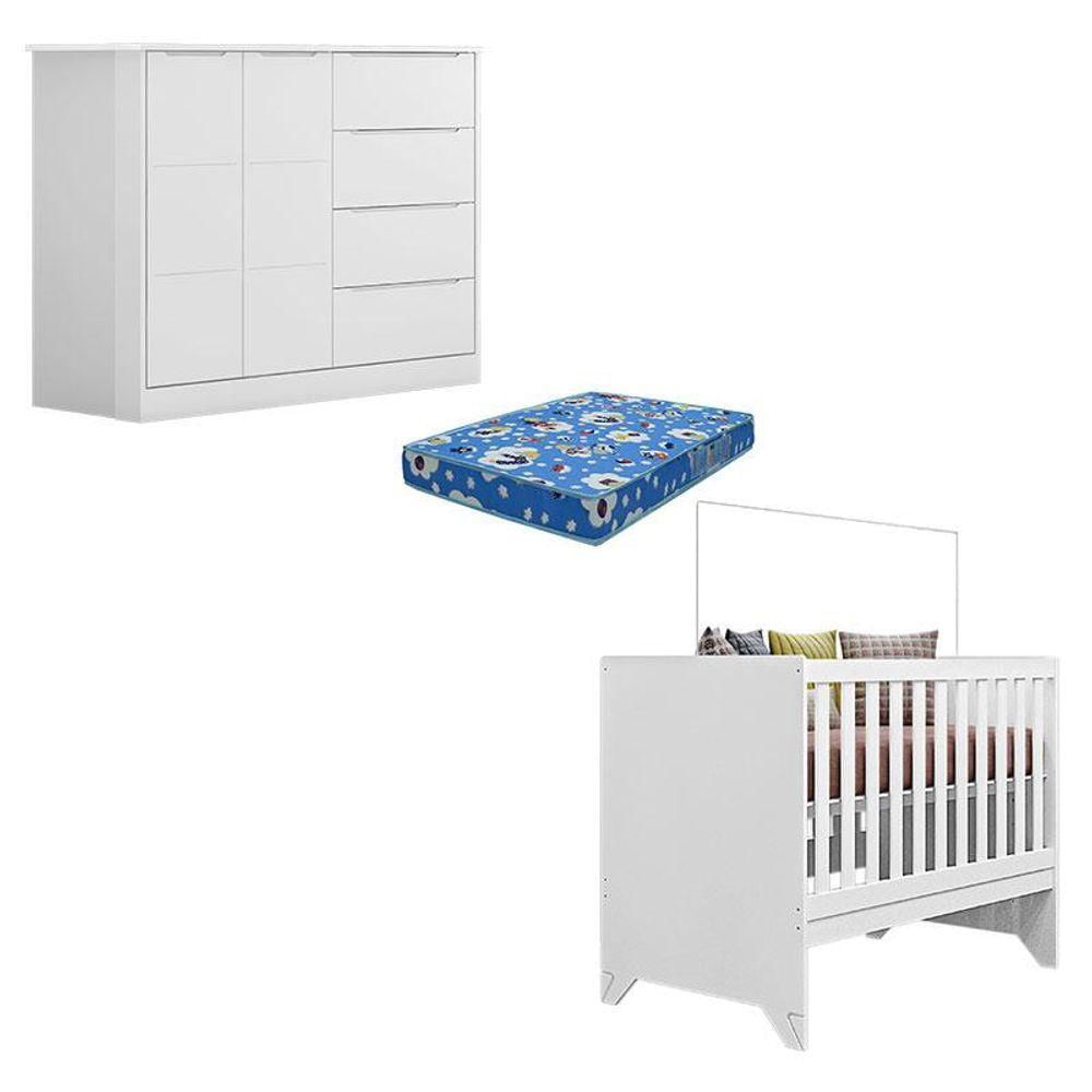 Berço Americano Retro Maya E Cômoda Infantil Eloá Branco Acetinado Com Colchão Ortobom