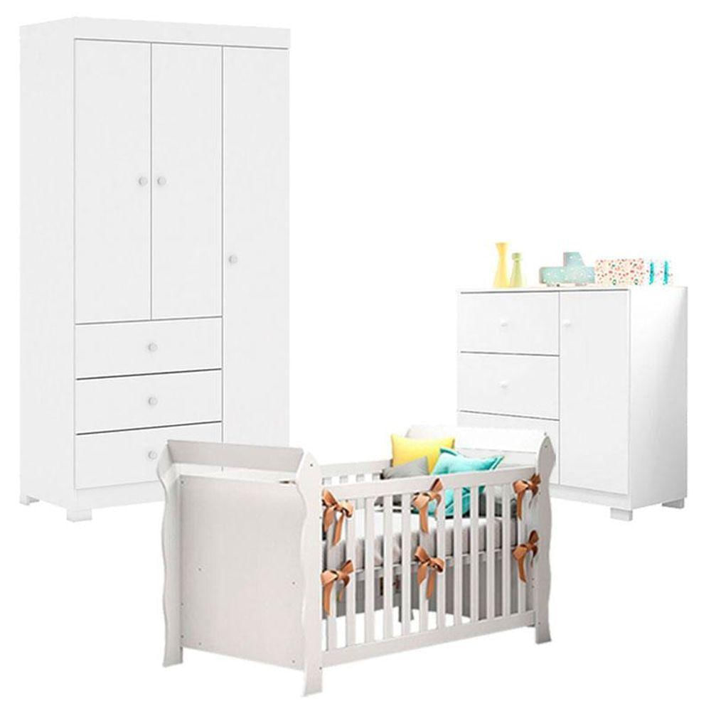 Quarto De Bebê Duda 3 Portas Com Berço Americano Lara Branco Brilho - Phoenix Baby