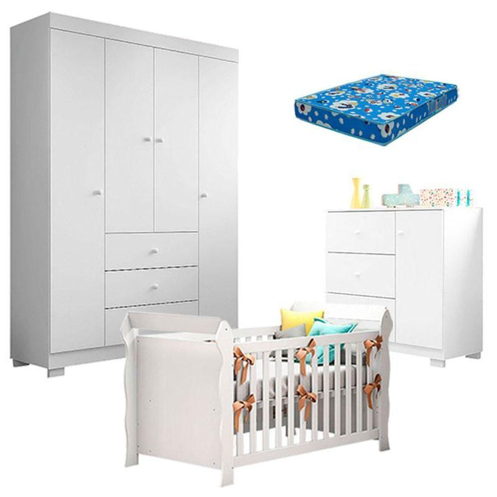 Quarto De Bebê Duda 4 Portas E Berço Americano Lara Branco Brilho Com Colchão Ortobom - Phoenix Baby