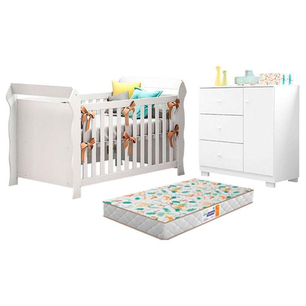 Berço Americano Lara E Cômoda Infantil Duda Branco Brilho Com Colchão Gazin - Phoenix Baby