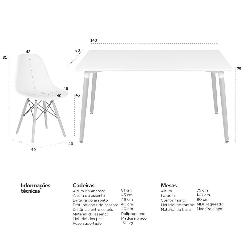 Mesa Retangular 80 X 140 Cm Preto + 6 Cadeiras Branco