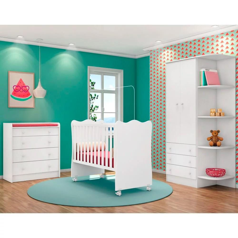 Quarto de Bebê Completo Certificado pelo Inmetro Doce Sonho 2 Portas e Berço Simples Branco - Qmovi