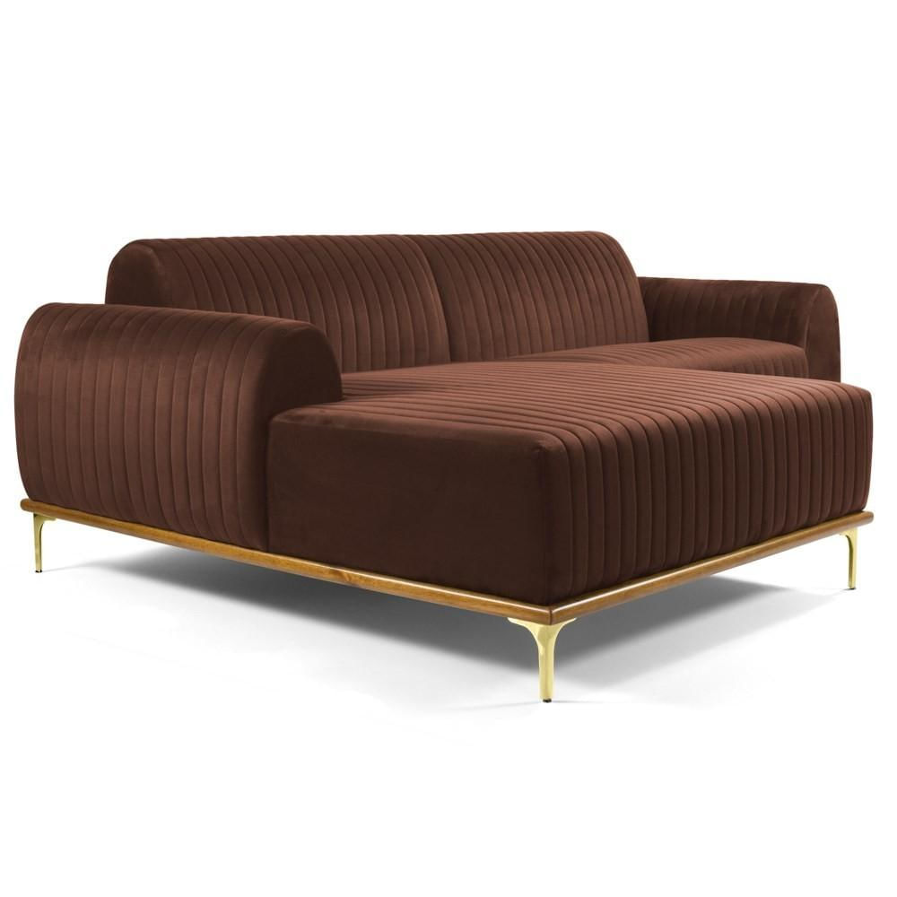 Sofá 255cm 4 Lugares com Chaise Esquerdo Pés Gold Molino C-276 Veludo Terra - Domi