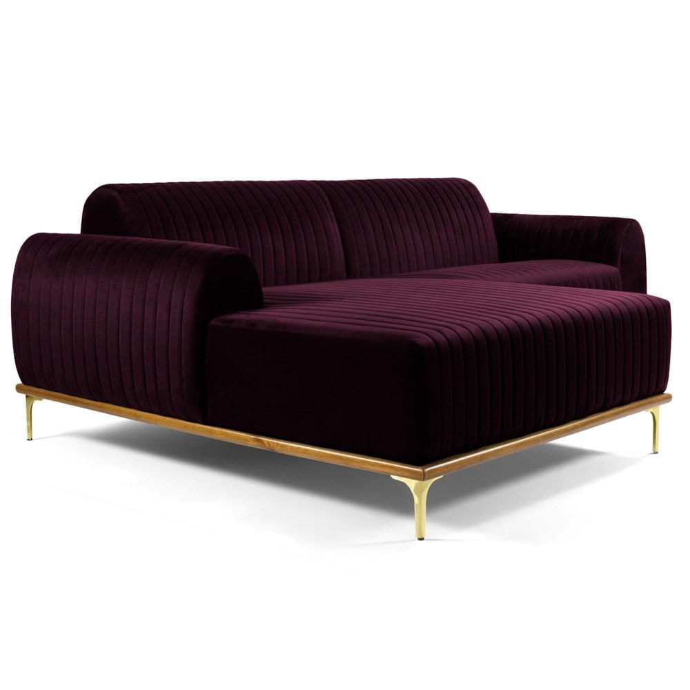 Sofá 255cm 4 Lugares com Chaise Esquerdo Pés Gold Molino C-292 Veludo Uva - Domi