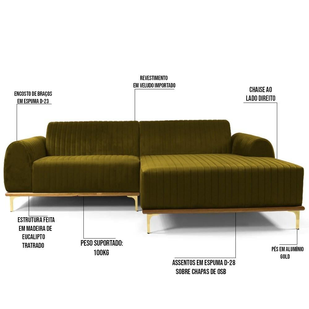 Sofá 255cm 4 Lugares com Chaise Direito Pés Gold Molino C-260 Veludo Mostarda - Domi