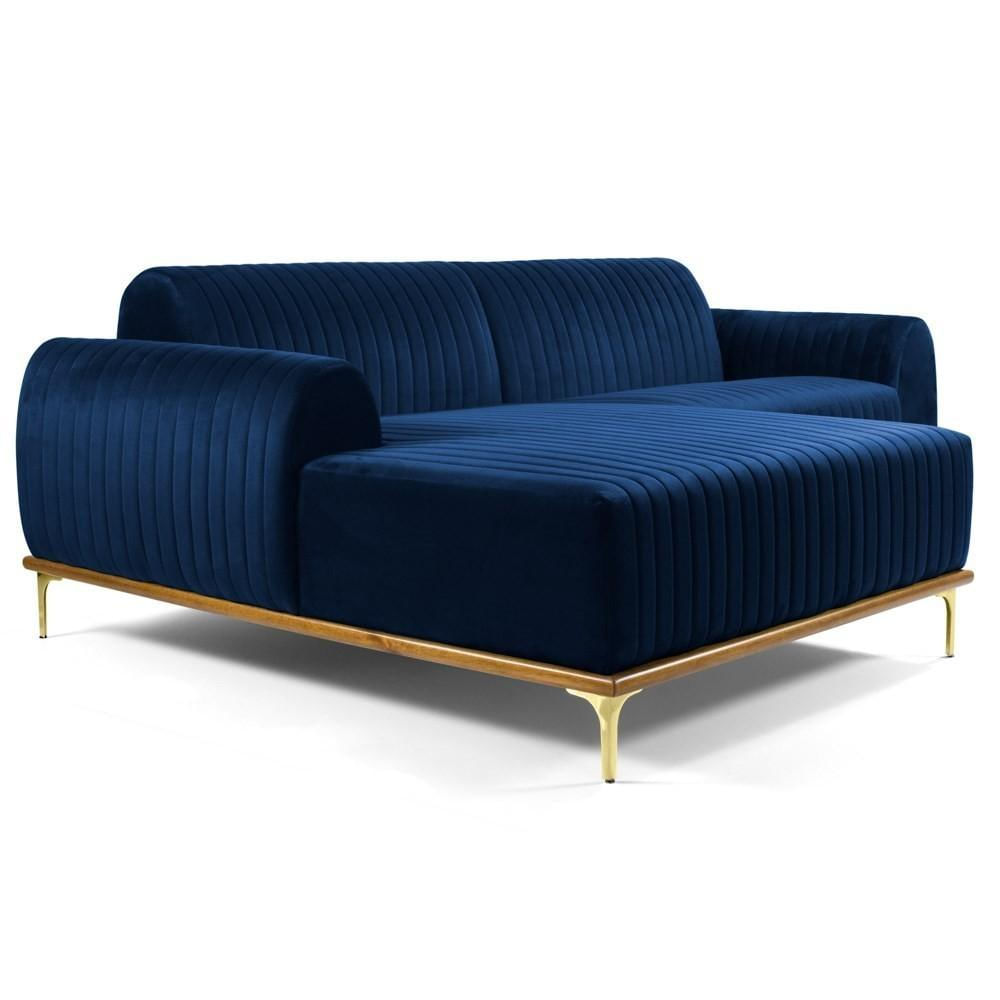 Sofá 255cm 4 Lugares com Chaise Esquerdo Pés Gold Molino C-304 Veludo Azul Marinho - Domi