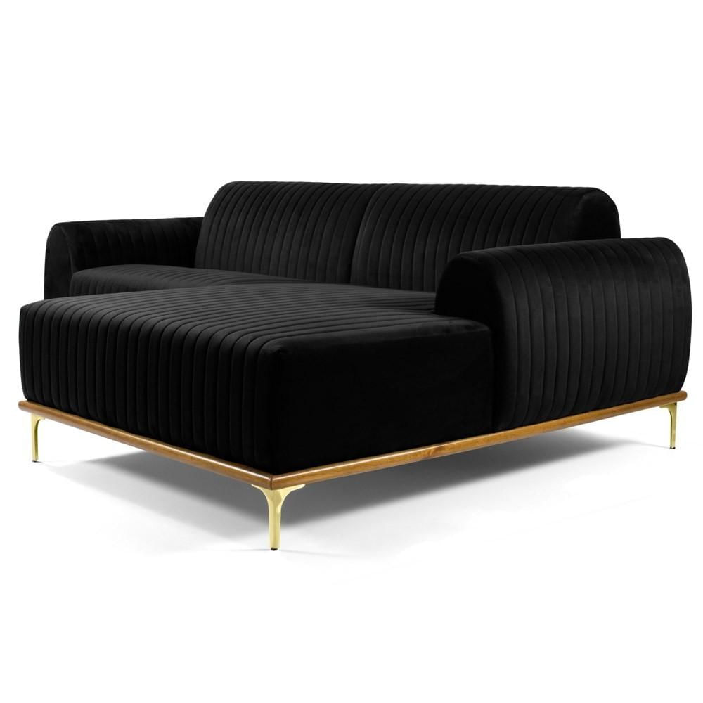 Sofá 255cm 4 Lugares com Chaise Direito Pés Gold Molino C-300 Veludo Preto - Domi