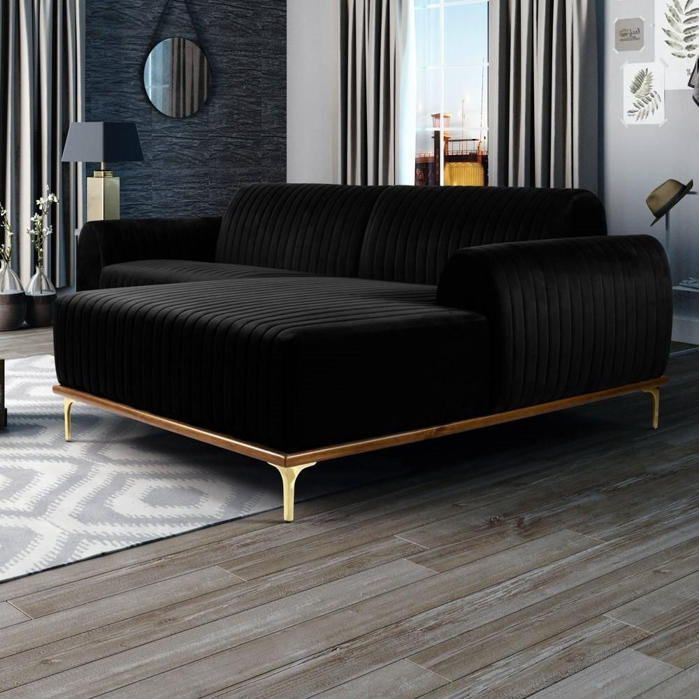 Sofá 255cm 4 Lugares com Chaise Direito Pés Gold Molino C-300 Veludo Preto - Domi