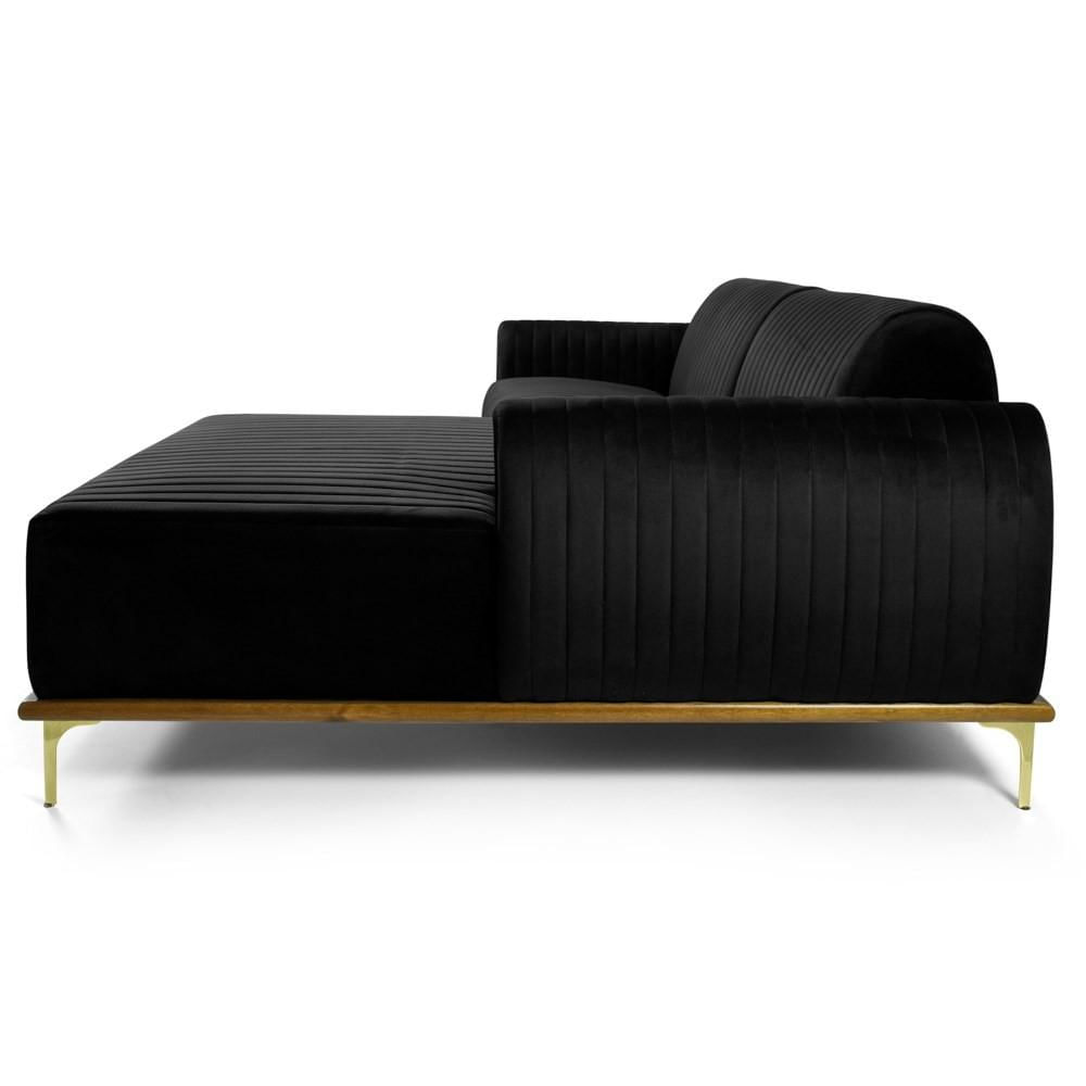 Sofá 255cm 4 Lugares com Chaise Direito Pés Gold Molino C-300 Veludo Preto - Domi