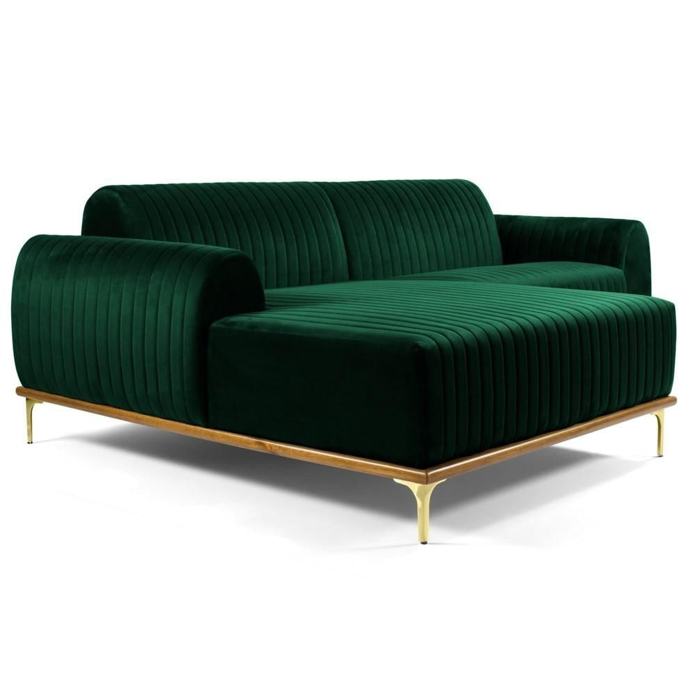 Sofá 255cm 4 Lugares com Chaise Esquerdo Pés Gold Molino C-303 Veludo Verde Musgo - Domi