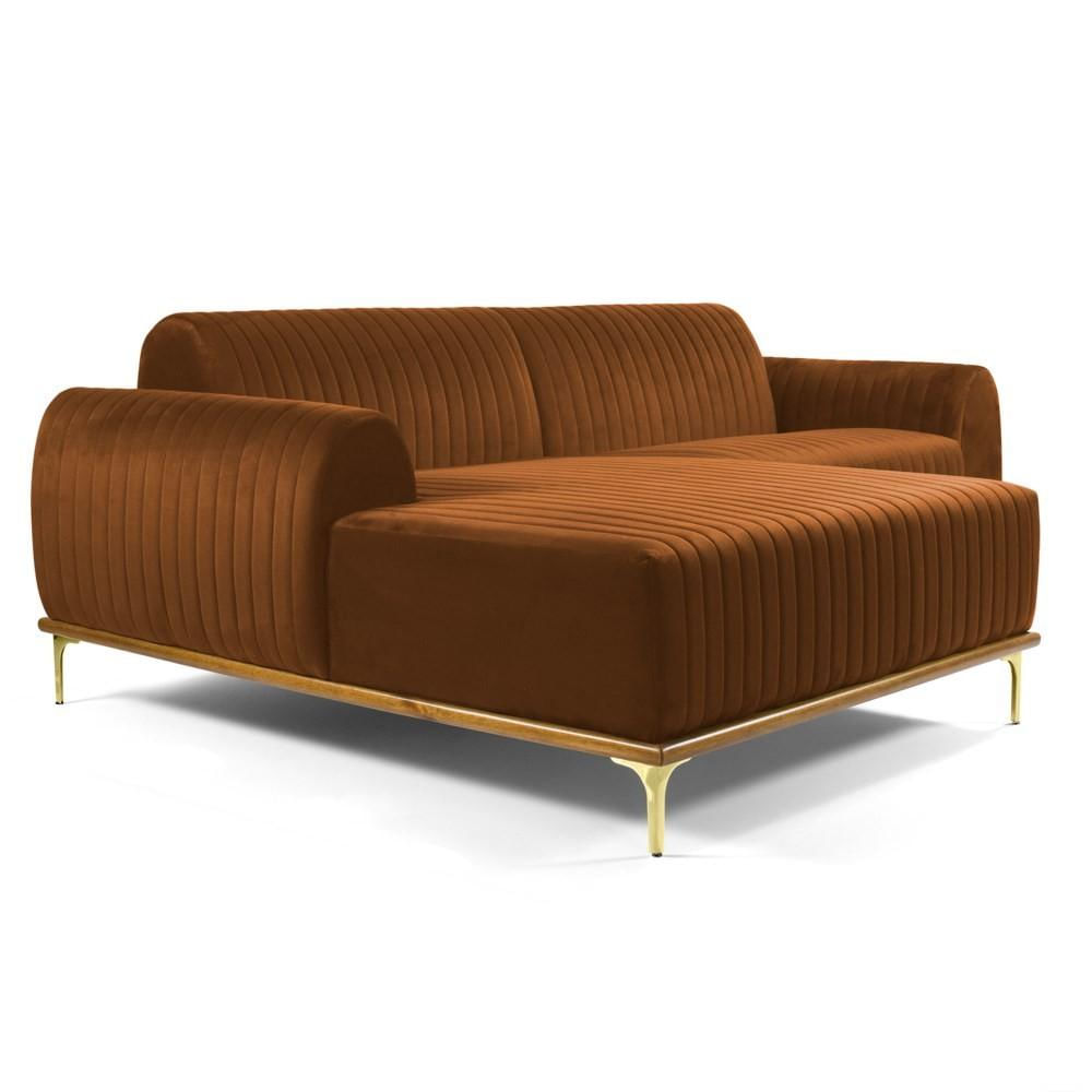 Sofá 350cm 6 Lugares com Chaise Esquerdo Pés Gold Molino C-262 Veludo Telha - Domi