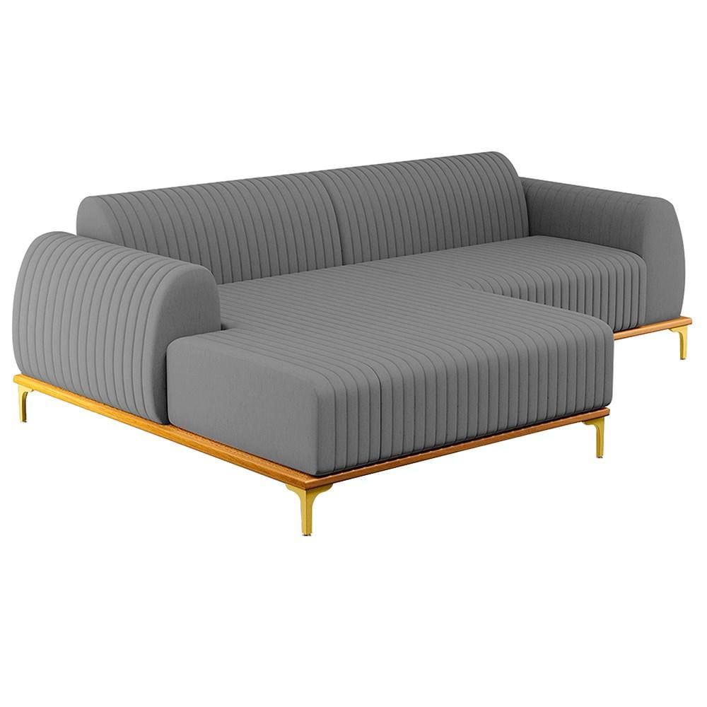 Sofá 255cm 4 Lugares com Chaise Esquerdo Pés Gold Molino C-416 Linho Cinza Escuro - Domi