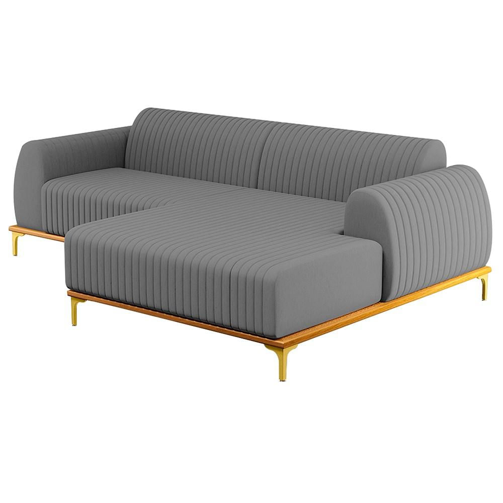 Sofá 255cm 4 Lugares com Chaise Direito Pés Gold Molino C-416 Linho Cinza Escuro - Domi