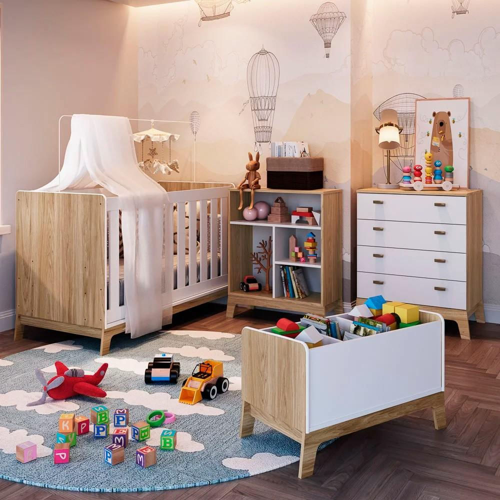 Quarto Infantil 4 Peças com Berço 3 em 1 Certificado Inmetro Favo de Mel 037 Itapuã/Branco - Completa Móveis