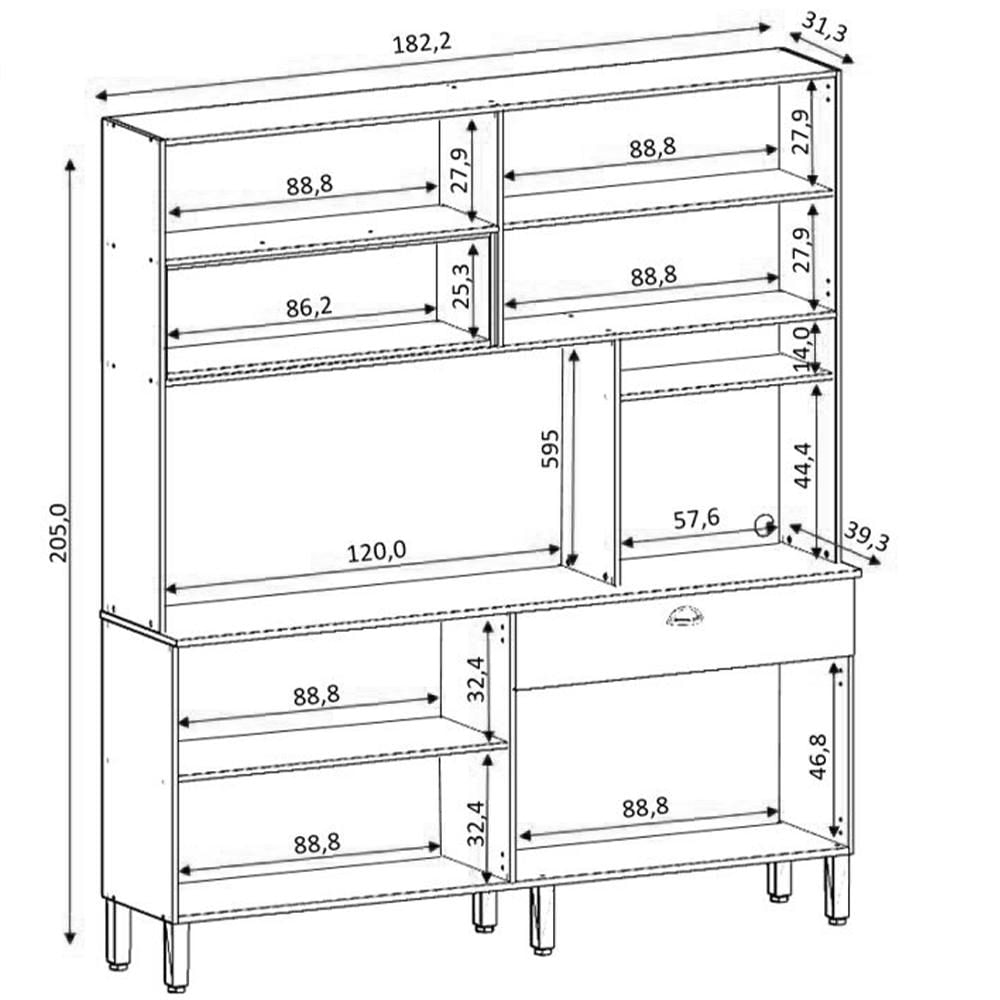 Armário de Cozinha Compacta 182cm Mary K02 Freijó/Nero - Mpozenato