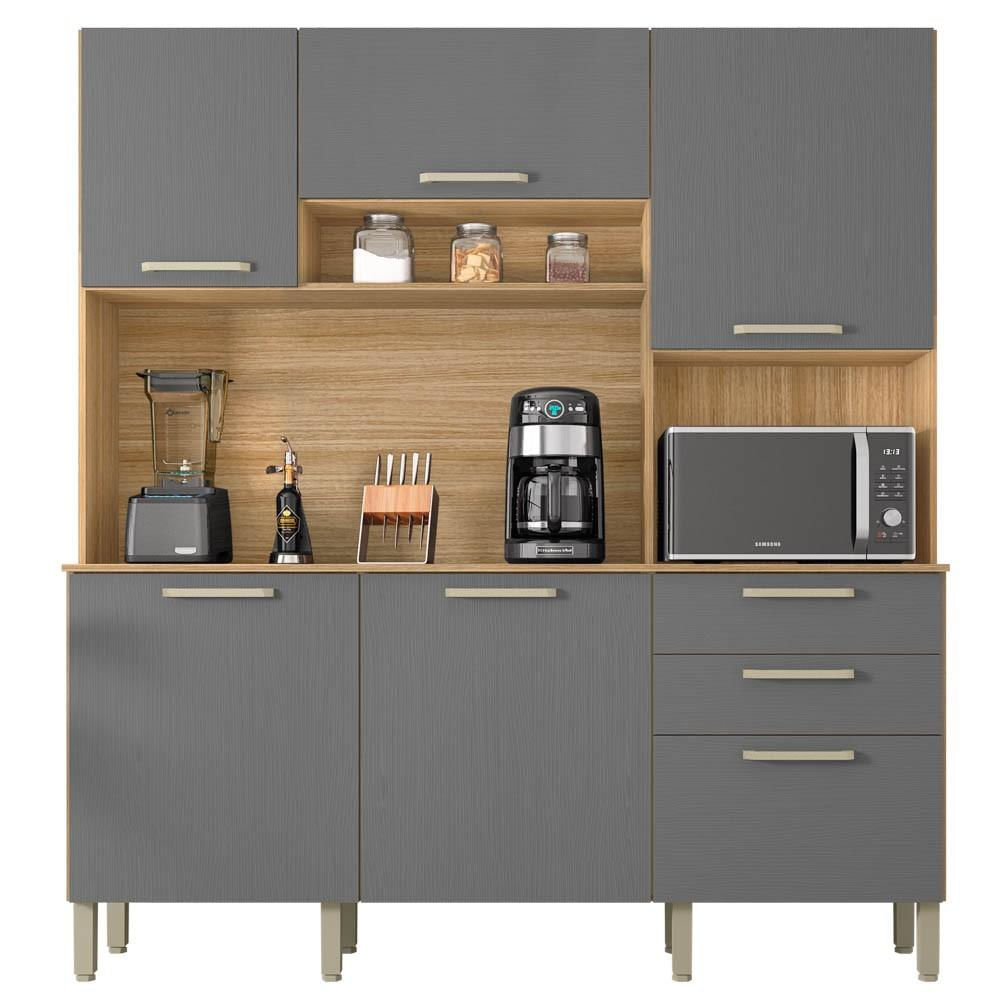 Armário de Cozinha Compacta 180cm Turim K02 Freijó/Gris- Mpozenato