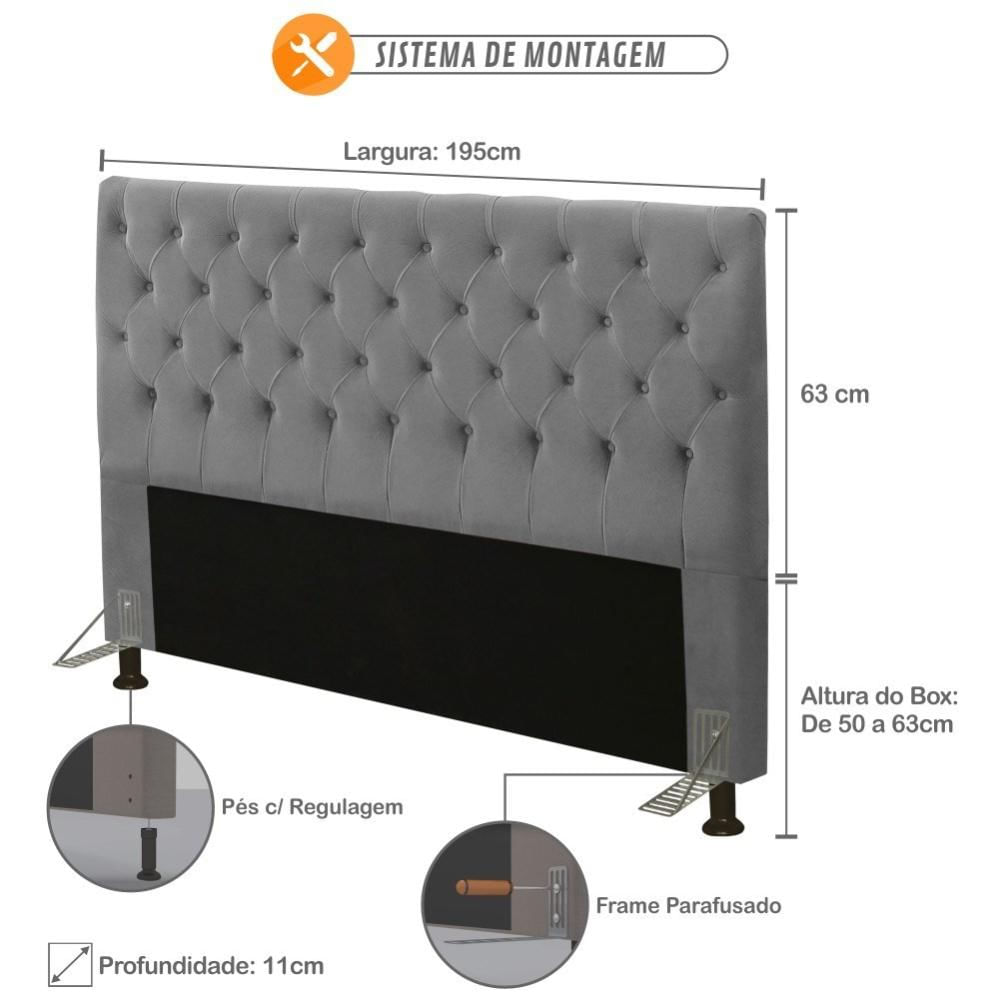 Cabeceira Cama Box Casal King 195cm Cristal Veludo Cinza - JS Móveis