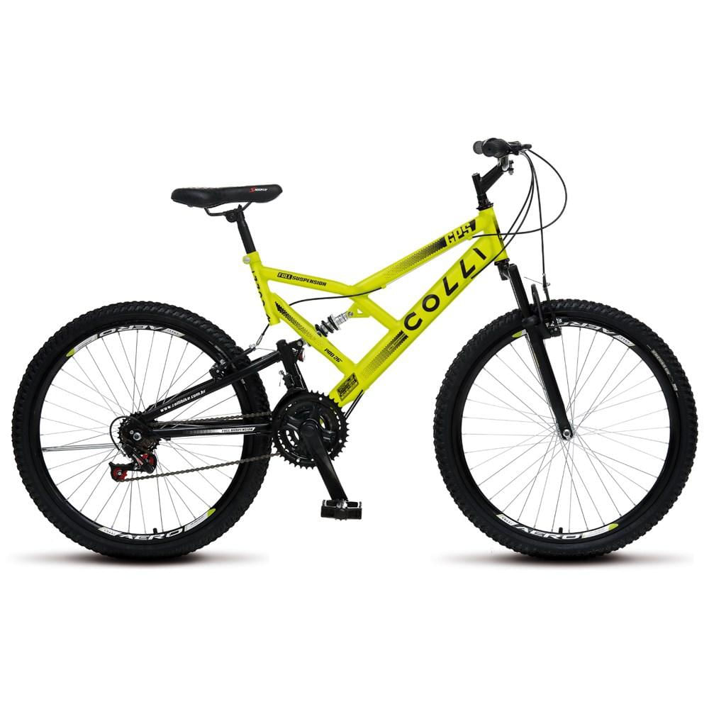 Bicicleta GPS Aro 26 Aço 21 Marchas Dupla Suspensão Freio V-Brake Amarelo Neon - Colli Bike