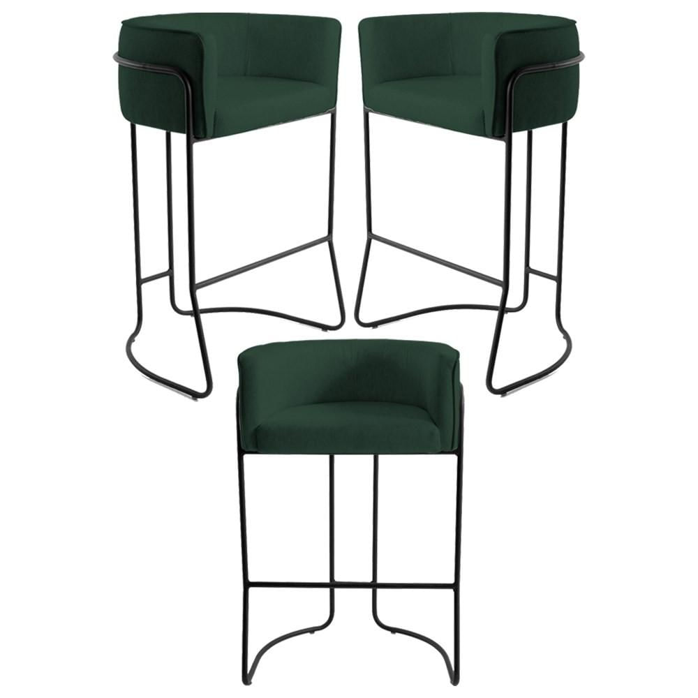 Kit 3 Banquetas Decorativas Base Aço Preto Betina C-117 Linho Verde - Domi