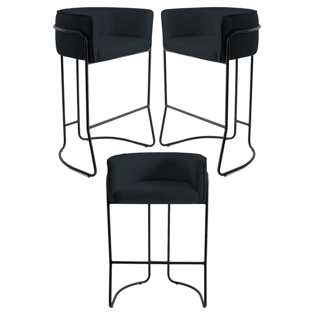 Kit 3 Banquetas Decorativas Base Aço Preto Betina Veludo C-300 Preto - Domi