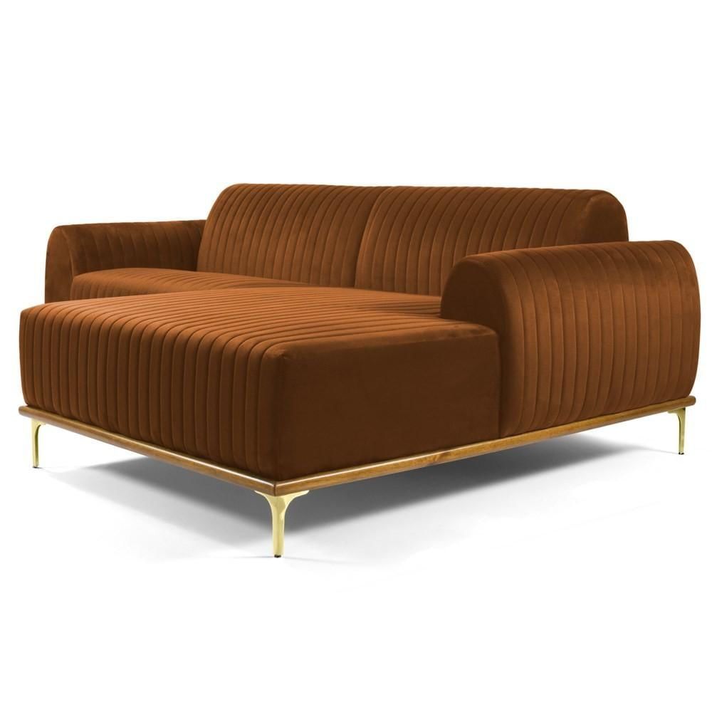 Sofá 245cm 4 Lugares com Chaise Direito Pés Gold Molino C-262 Veludo Telha - Domi