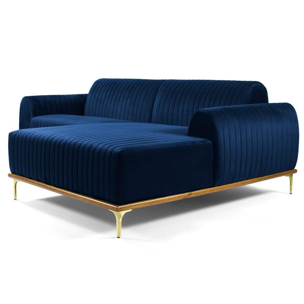 Sofá 230cm 4 Lugares com Chaise Direito Pés Gold Molino C-304 Veludo Azul Marinho - Domi