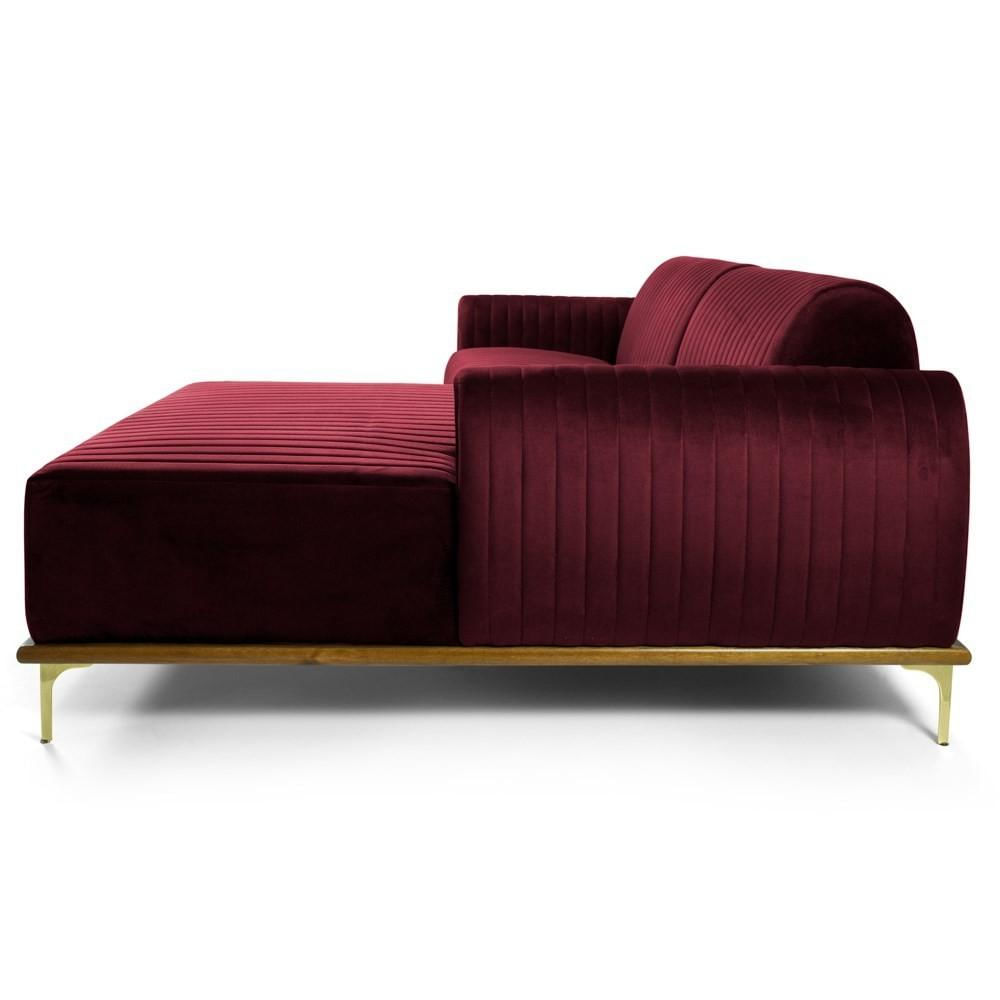 Sofá 320cm 5 Lugares com Chaise Direito Pés Gold Molino C-278 Veludo Marsala - Domi