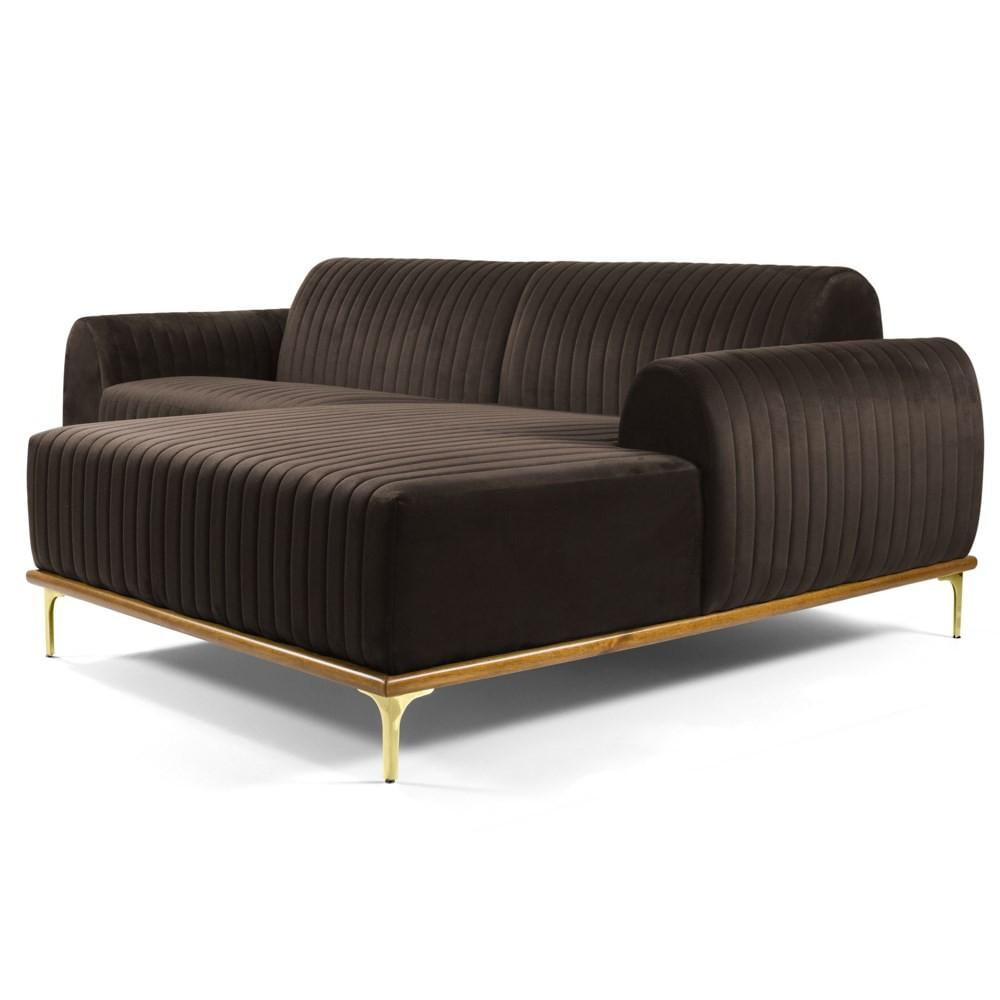 Sofá 265cm 4 Lugares com Chaise Direito Pés Gold Molino C-261 Veludo Marrom - Domi