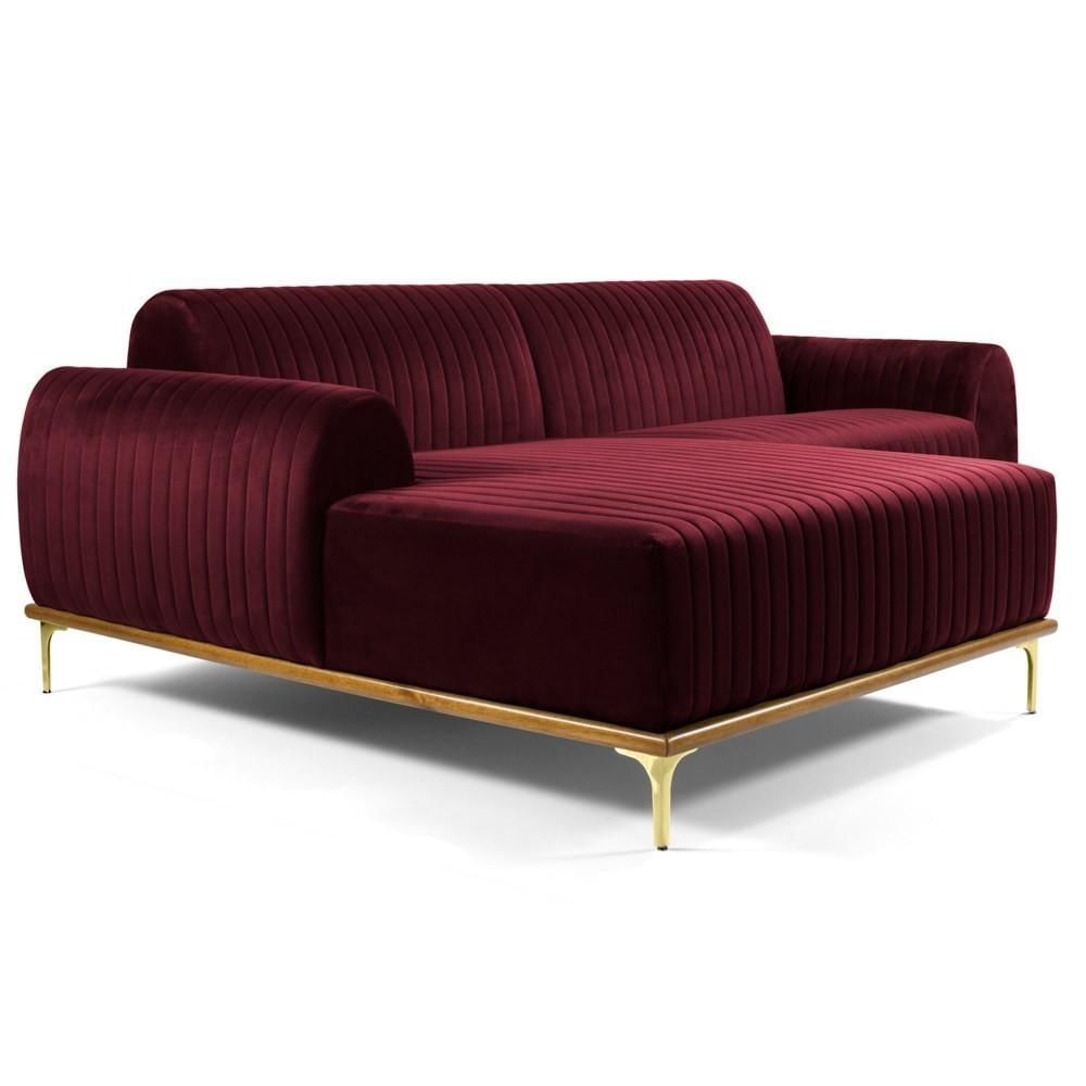 Sofá 265cm 4 Lugares com Chaise Esquerdo Pés Gold Molino C-278 Veludo Marsala - Domi