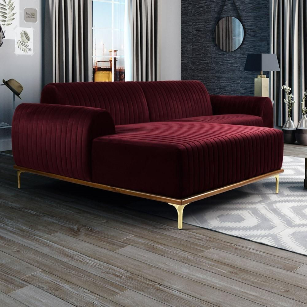 Sofá 265cm 4 Lugares com Chaise Esquerdo Pés Gold Molino C-278 Veludo Marsala - Domi