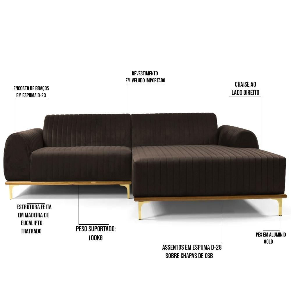 Sofá 265cm 4 Lugares com Chaise Direito Pés Gold Molino C-261 Veludo Marrom - Domi