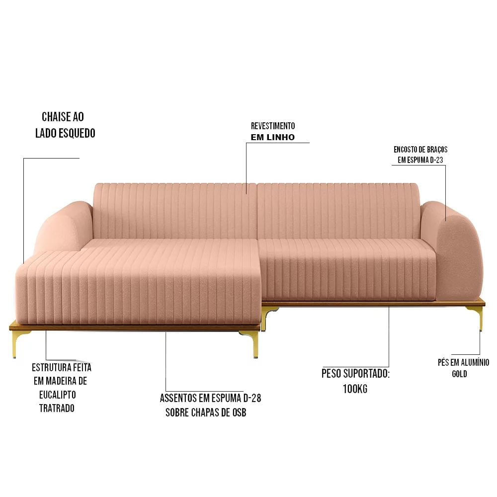 Sofá 245cm 4 Lugares com Chaise Esquerdo Pés Gold Molino C-105 Linho Rosê - Domi