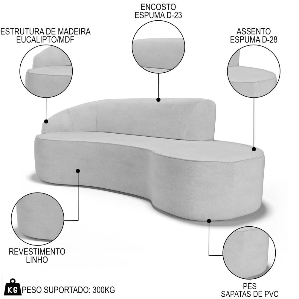 Sofá Living  3 Lugares 230cm Braço Esquerdo Mozart D06 Linho Cinza - Mpozenato