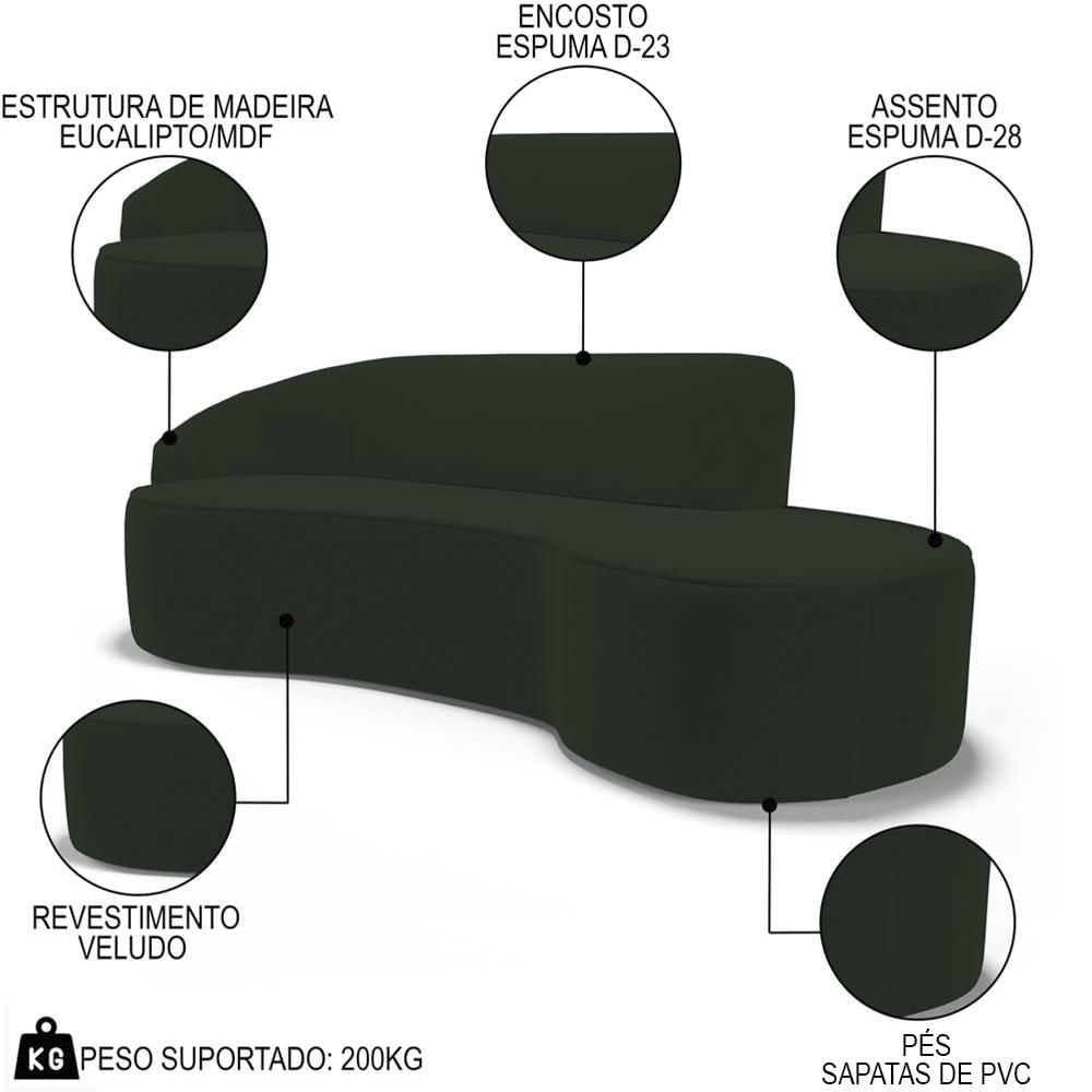 Sofá Living  2 Lugares 180cm Braço Esquerdo Mozart D06 Veludo Verde - Mpozenato