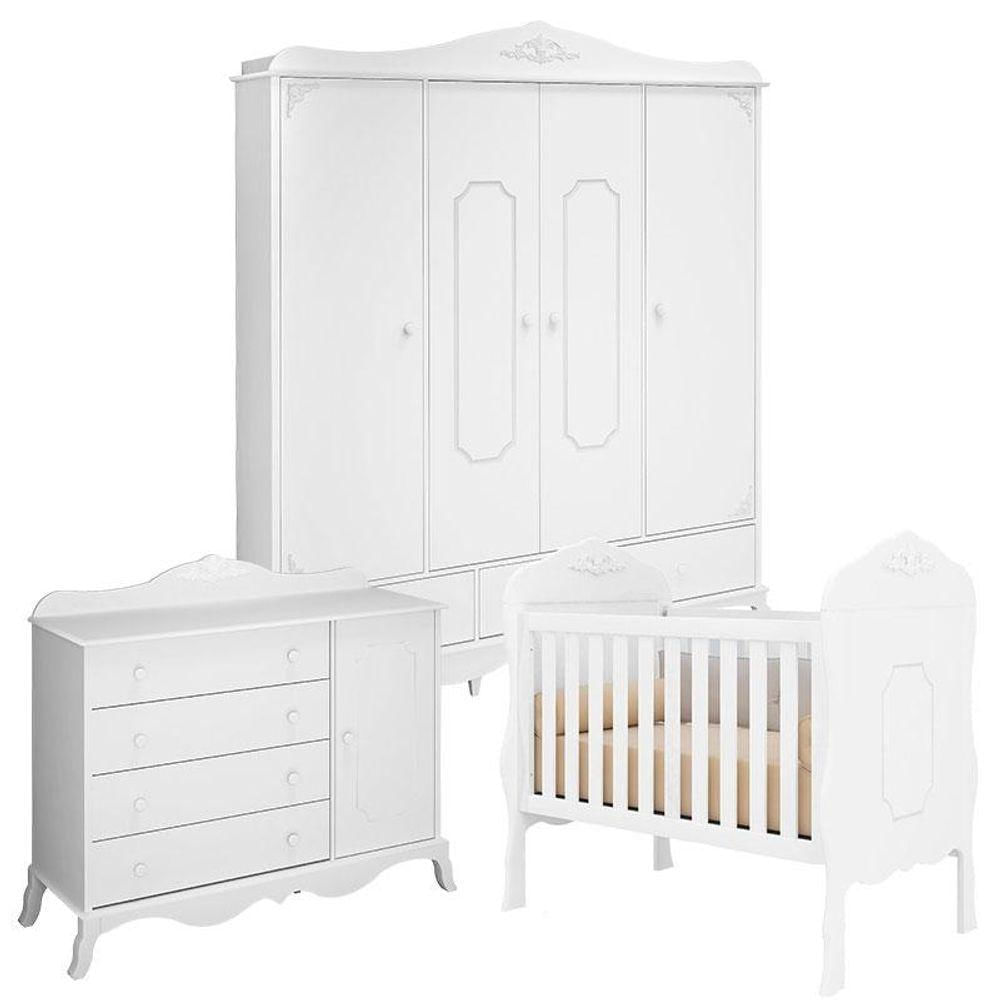 Quarto De Bebê Realeza 4 Portas Cômoda 1 Porta Branco Acetinado - Canaã