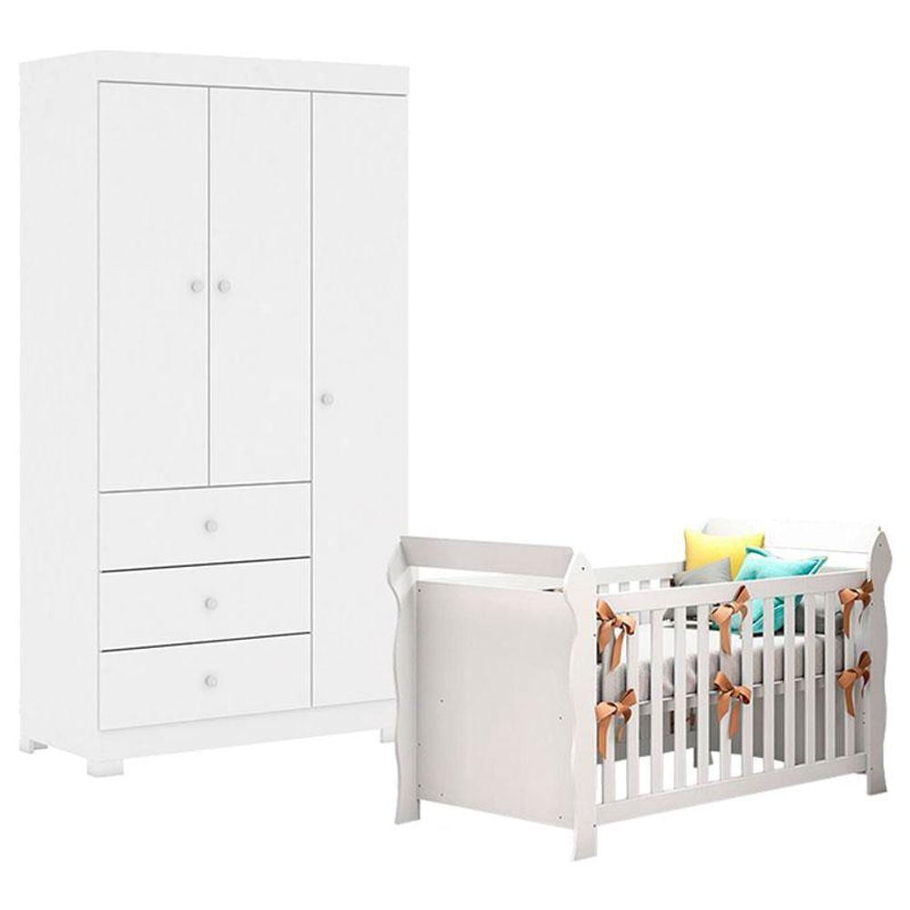 Berço Americano Lara Com Guarda Roupa Duda 3 Portas Branco Brilho - Phoenix Baby
