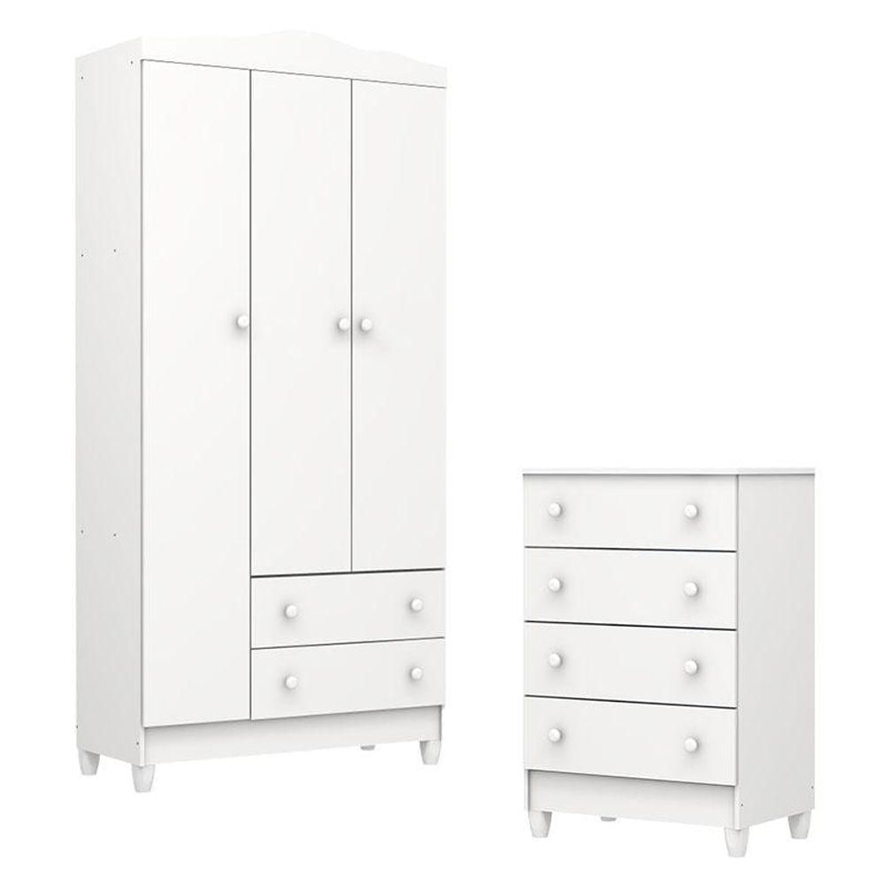Cômoda Gaveteiro E Guarda Roupa Mel Flat Branco Brilho - Carolina