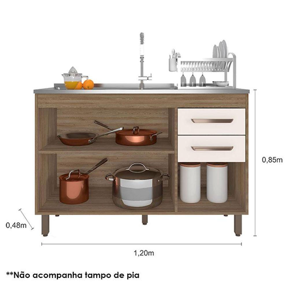 Balcão De Pia 3 Portas 2 Gavetas 120cm Flex Cavalho Oak Off White - Poliman