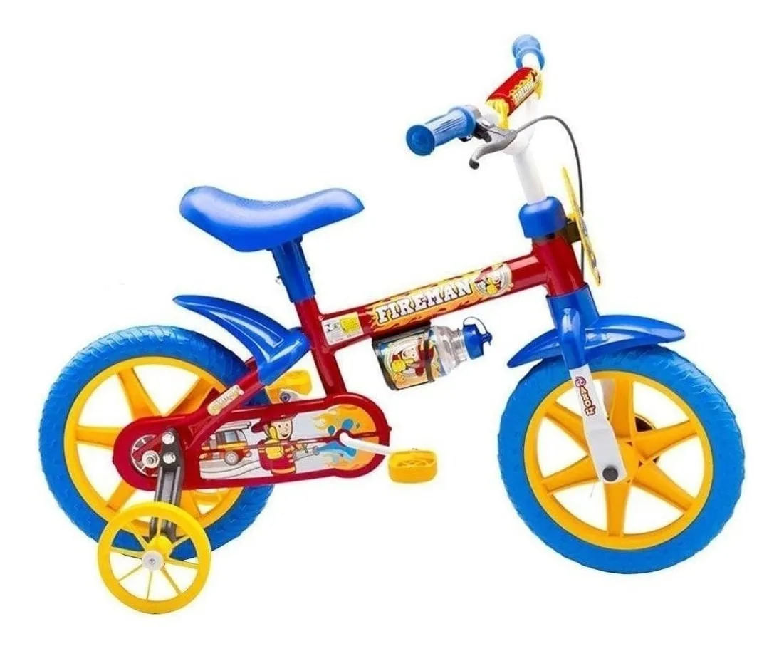 Bicicleta infantil Nathor Fireman aro 12 freio tambor cor vermelho/azul/amarelo com rodas de treinamento