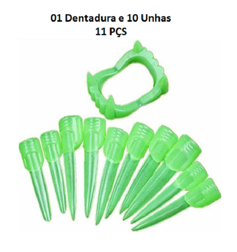 Adereço Fantasia Vampiro Dentadura E Unhas Neon 11 Pçs