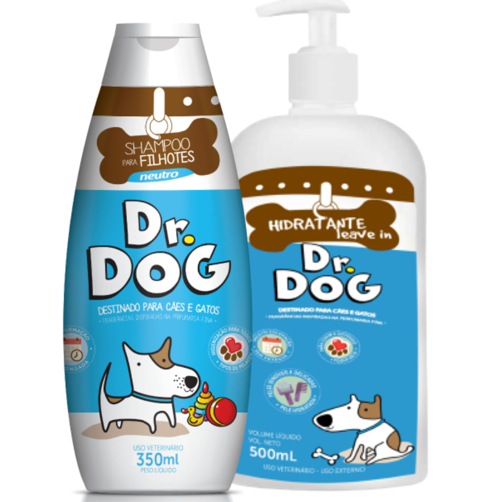 Kit Shampoo e creme hidratante pós banho leavein toque seco Cães Gatos Dr. Dog