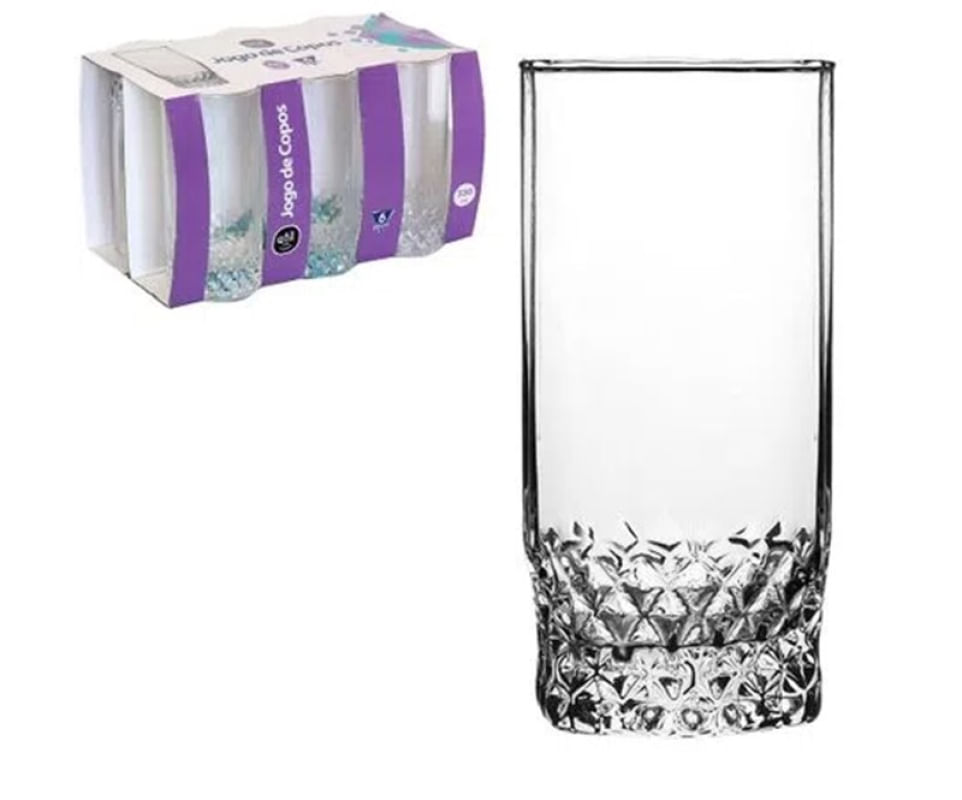 Jogo Copos De Vidro 330Ml Cristal Diamond Vinho Suco Água 330ml